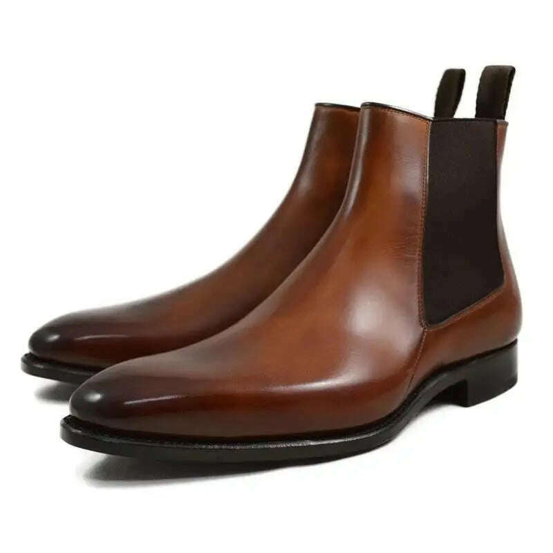 New Brown Chelsea Boots for Men Black Business Handmade Men's Short Boots Round Toe Slip-On Ankle Boots Free Shipping - KIMLUD