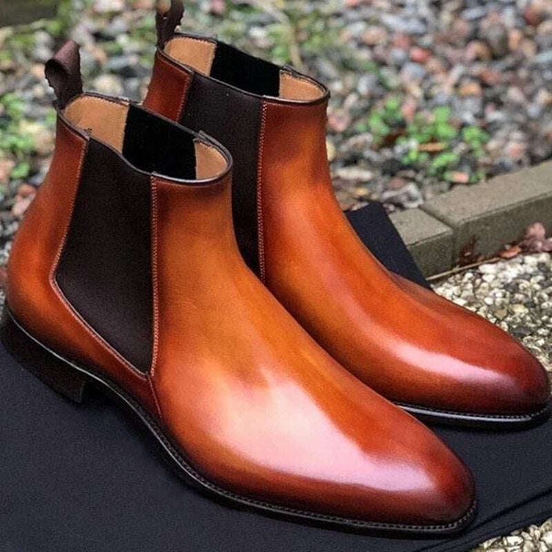 New Brown Chelsea Boots for Men Black Business Handmade Men's Short Boots Round Toe Slip-On Ankle Boots Free Shipping - KIMLUD