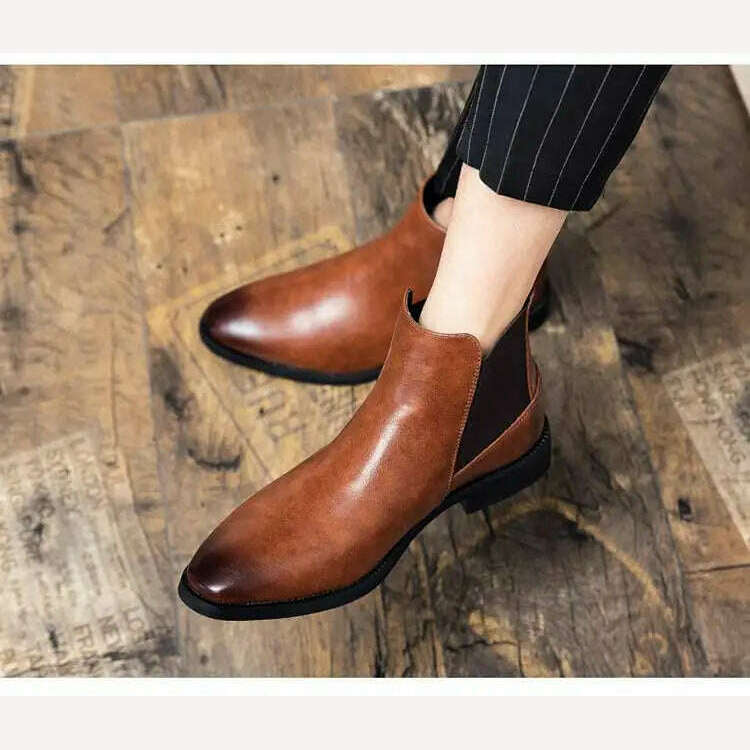New Brown Chelsea Boots for Men Black Business Handmade Men's Short Boots Round Toe Slip-On Ankle Boots Free Shipping - KIMLUD