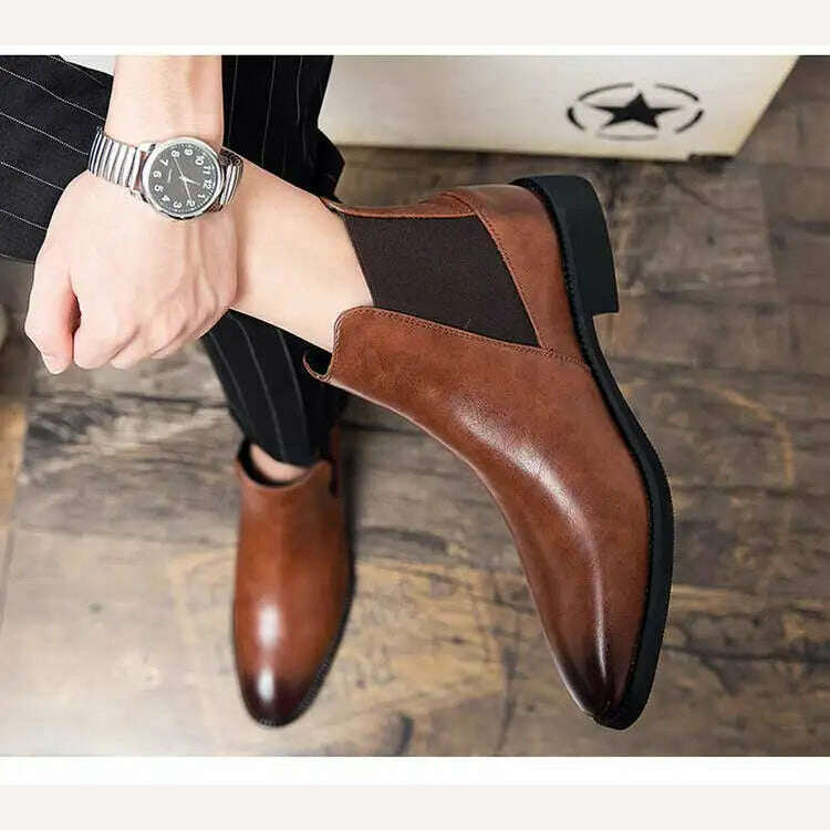 New Brown Chelsea Boots for Men Black Business Handmade Men's Short Boots Round Toe Slip-On Ankle Boots Free Shipping - KIMLUD