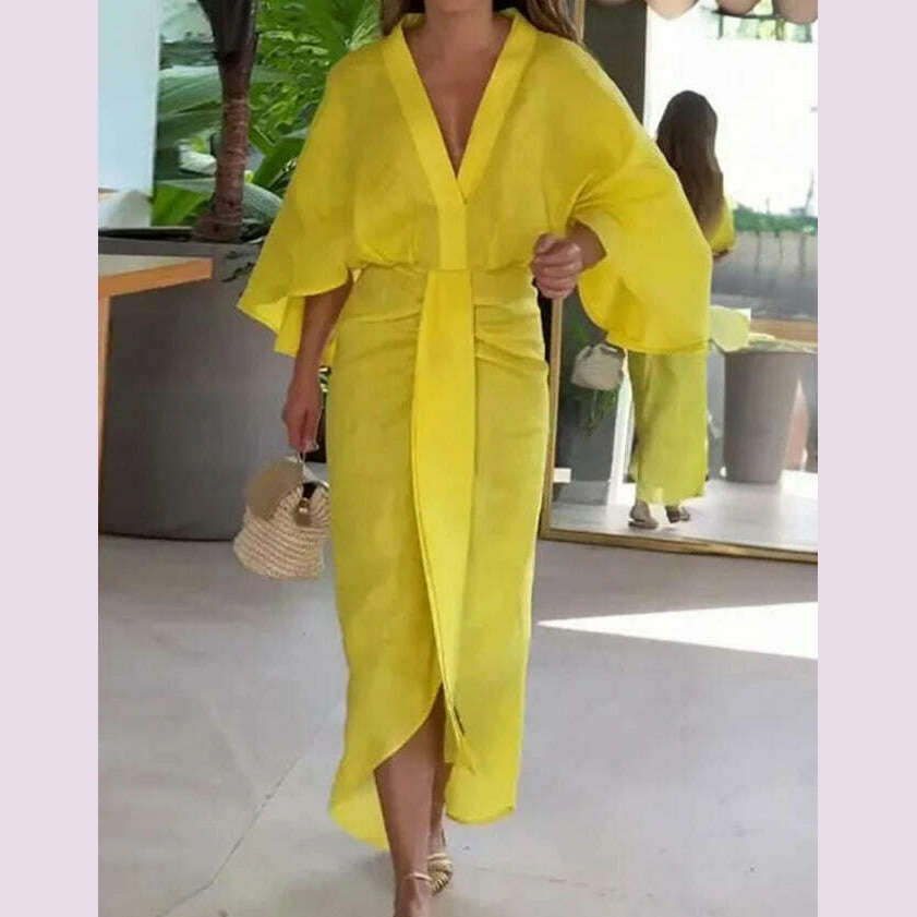 New Fashion for Women 2024 Dress Summer Solid Color Asymmetrical Design Plunge Batwing Sleeve Draped Daily Vacation Midi Dress - KIMLUD