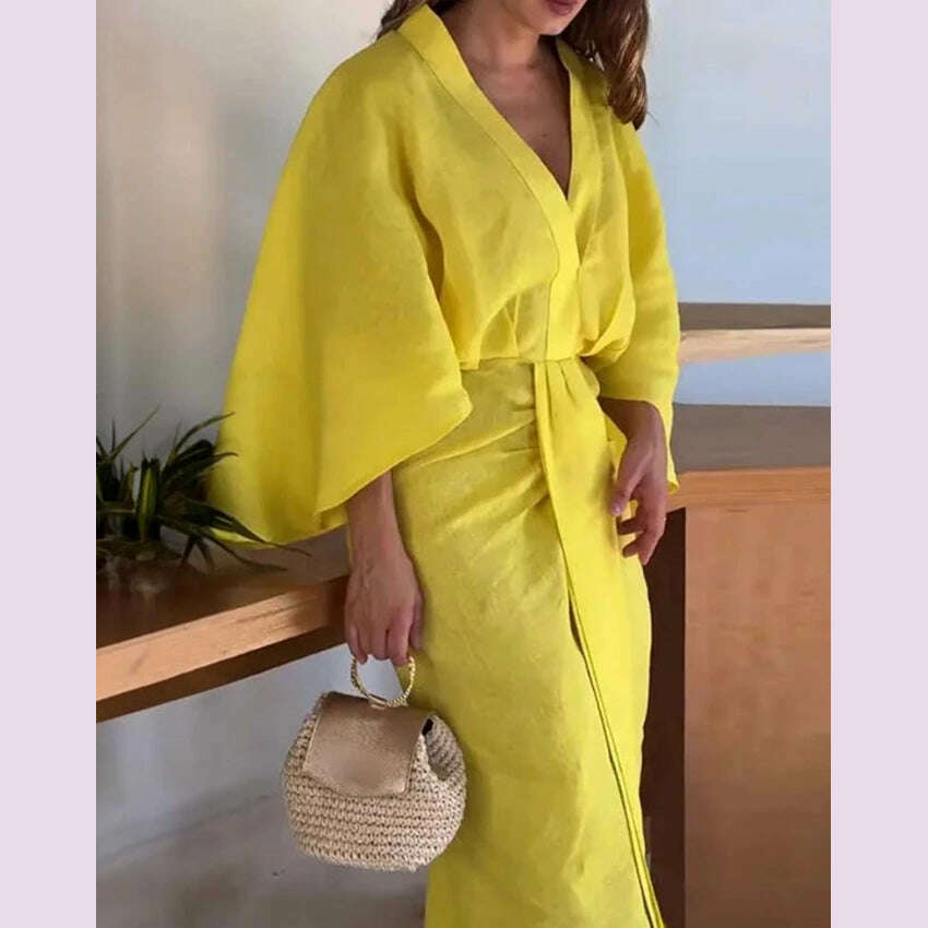 New Fashion for Women 2024 Dress Summer Solid Color Asymmetrical Design Plunge Batwing Sleeve Draped Daily Vacation Midi Dress - KIMLUD
