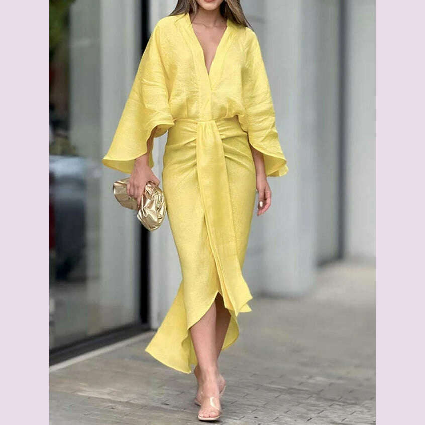 New Fashion for Women 2024 Dress Summer Solid Color Asymmetrical Design Plunge Batwing Sleeve Draped Daily Vacation Midi Dress - KIMLUD