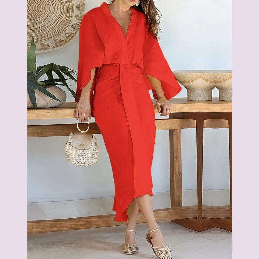 New Fashion for Women 2024 Dress Summer Solid Color Asymmetrical Design Plunge Batwing Sleeve Draped Daily Vacation Midi Dress - KIMLUD