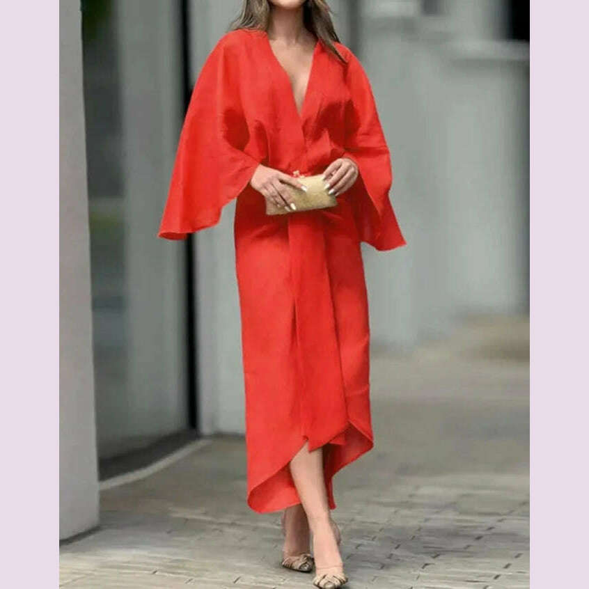 New Fashion for Women 2024 Dress Summer Solid Color Asymmetrical Design Plunge Batwing Sleeve Draped Daily Vacation Midi Dress - KIMLUD