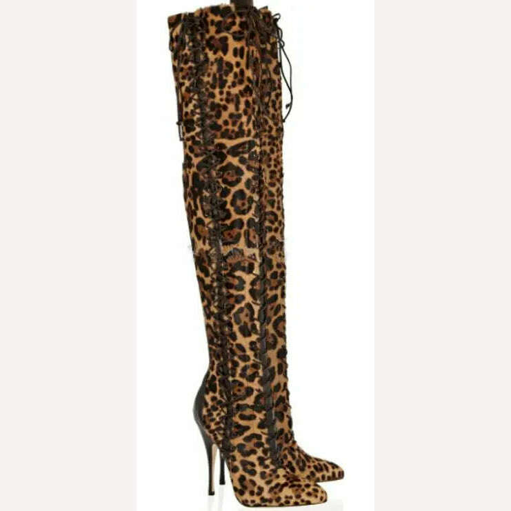 New Fashion Women Lace-up Suede Leather Over Knee Gladiator Boots Leopard Slim Tigh High Luxury High Heel Long Boots - KIMLUD