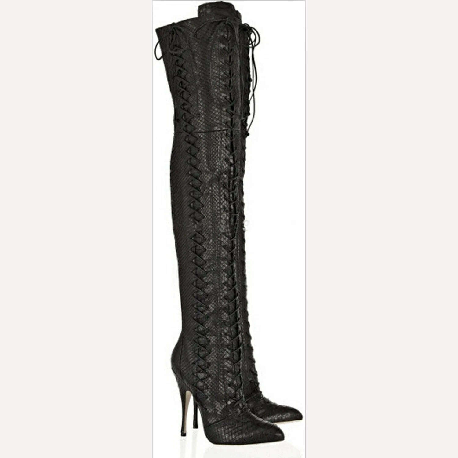 New Fashion Women Lace-up Suede Leather Over Knee Gladiator Boots Leopard Slim Tigh High Luxury High Heel Long Boots - KIMLUD