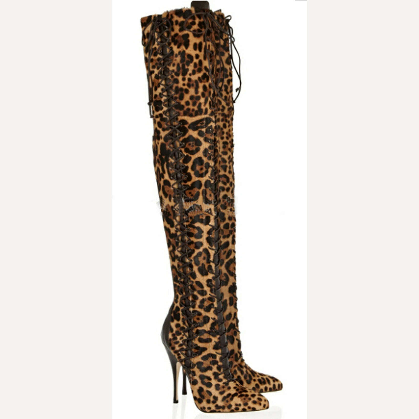 New Fashion Women Lace-up Suede Leather Over Knee Gladiator Boots Leopard Slim Tigh High Luxury High Heel Long Boots - KIMLUD