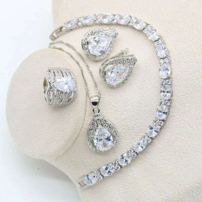 KIMLUD, New Green Peridot Zircon Silver 925 Jewelry Set Women Bracelet Earrings Necklace Pendant Ring Birthday Gift, White 4pcs / 6, KIMLUD APPAREL - Womens Clothes