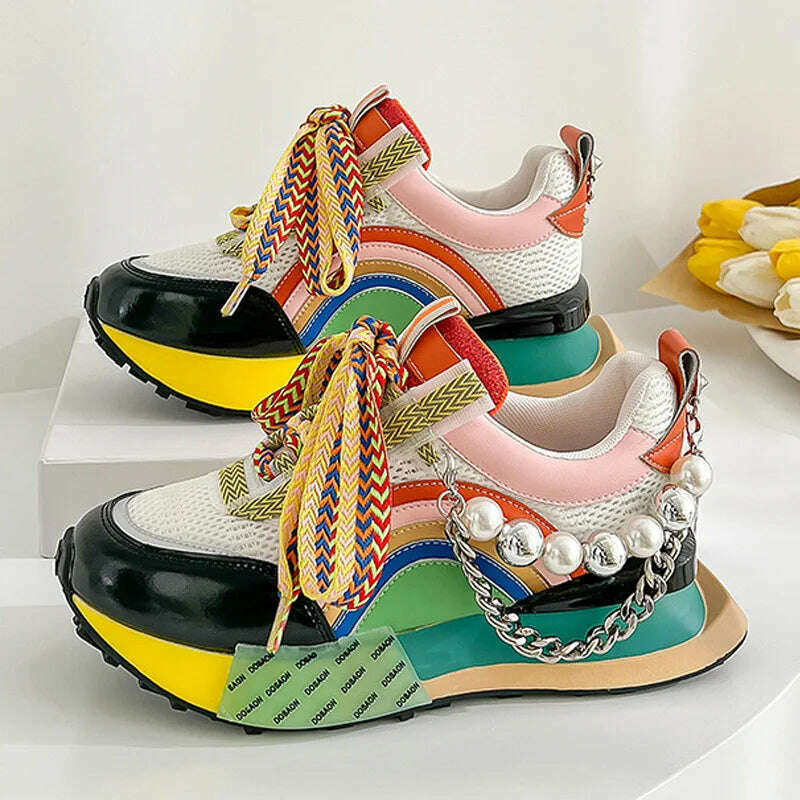 New Lace Up Iridescent Pearl Chain Decorative Women's Vulcanized Shoes Women's Platform Sneakers Zapatos De Mujer Women Shoes - KIMLUD