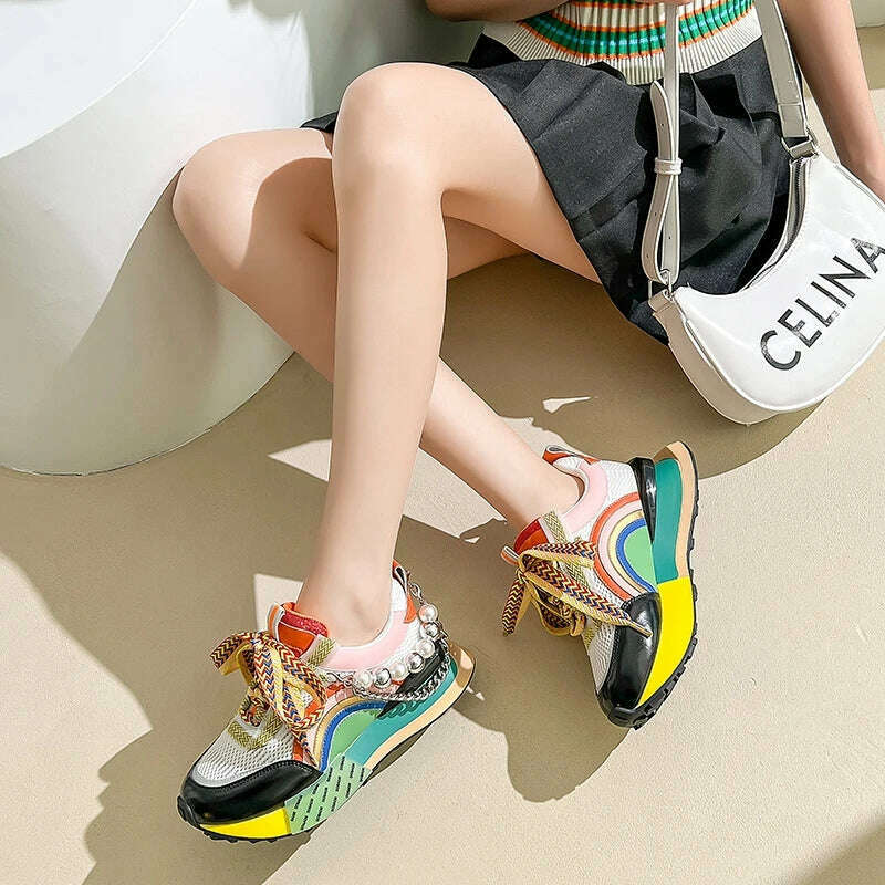 New Lace Up Iridescent Pearl Chain Decorative Women's Vulcanized Shoes Women's Platform Sneakers Zapatos De Mujer Women Shoes - KIMLUD