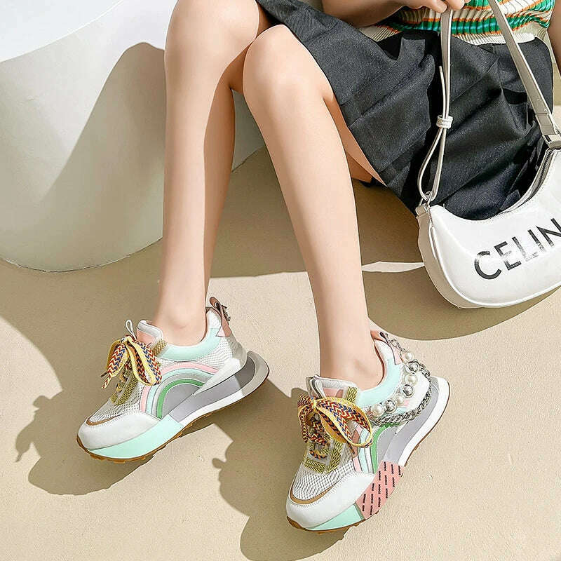 New Lace Up Iridescent Pearl Chain Decorative Women's Vulcanized Shoes Women's Platform Sneakers Zapatos De Mujer Women Shoes - KIMLUD