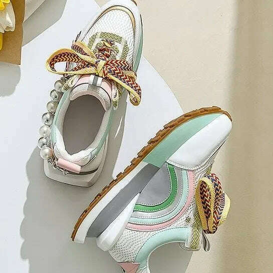 New Lace Up Iridescent Pearl Chain Decorative Women's Vulcanized Shoes Women's Platform Sneakers Zapatos De Mujer Women Shoes - KIMLUD