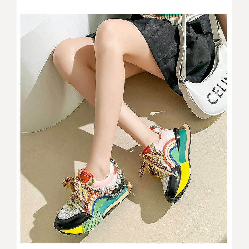 New Lace Up Iridescent Pearl Chain Decorative Women's Vulcanized Shoes Women's Platform Sneakers Zapatos De Mujer Women Shoes - KIMLUD