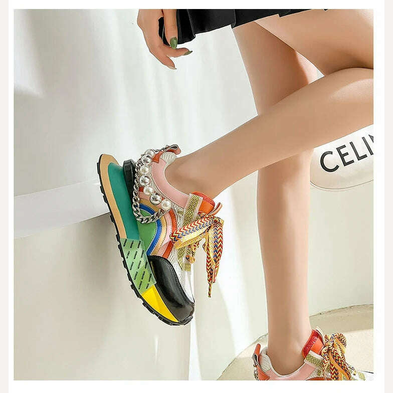 New Lace Up Iridescent Pearl Chain Decorative Women's Vulcanized Shoes Women's Platform Sneakers Zapatos De Mujer Women Shoes - KIMLUD