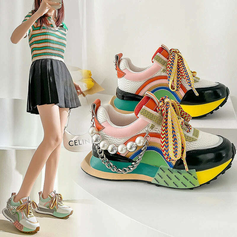 New Lace Up Iridescent Pearl Chain Decorative Women's Vulcanized Shoes Women's Platform Sneakers Zapatos De Mujer Women Shoes - KIMLUD