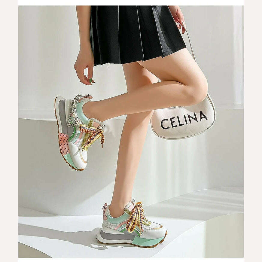 New Lace Up Iridescent Pearl Chain Decorative Women's Vulcanized Shoes Women's Platform Sneakers Zapatos De Mujer Women Shoes - KIMLUD