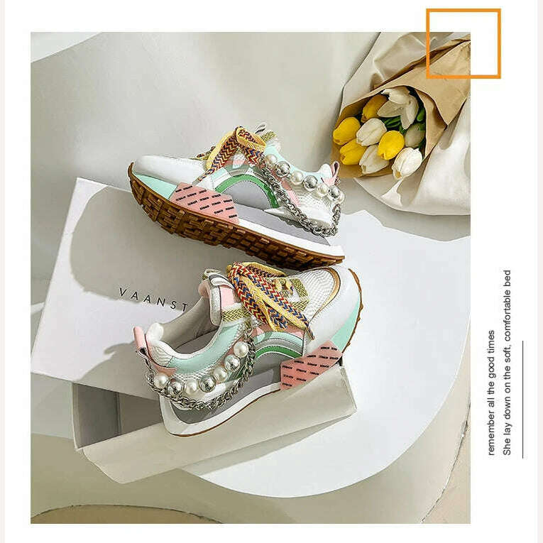 New Lace Up Iridescent Pearl Chain Decorative Women's Vulcanized Shoes Women's Platform Sneakers Zapatos De Mujer Women Shoes - KIMLUD