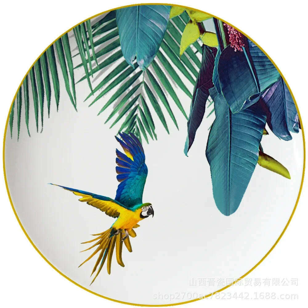 KIMLUD, New Parrot Bone China Tableware Set Pastoral Phnom Penh Western Food Plate Household Bowl Coffee Cup Pratos Para Jantar Kitchen., 10.5 inches, KIMLUD Womens Clothes