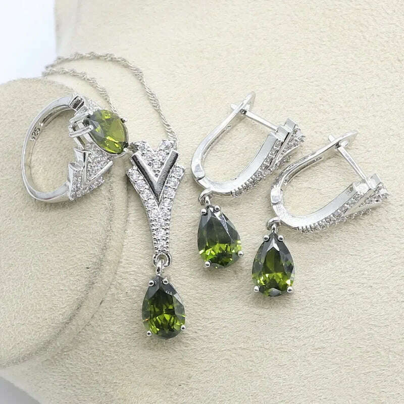 KIMLUD, New Peridot Green Silver 925 Jewelry Set for Women with Bracelet Earrings Necklace Pendant Ring Birthday Gift, 3pcs / 6, KIMLUD APPAREL - Womens Clothes