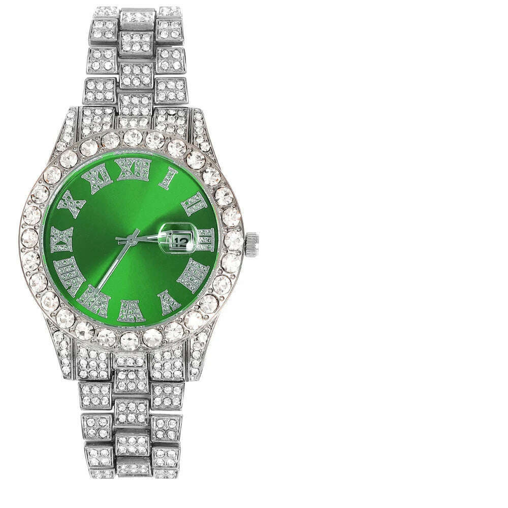 KIMLUD, New Punk Men Watch Iced Out Diamond Sparkling Quartz Watches Fashion Hip Hop Classic Silver Color Watch Jewelry Men Women Gift, Green, KIMLUD APPAREL - Womens Clothes