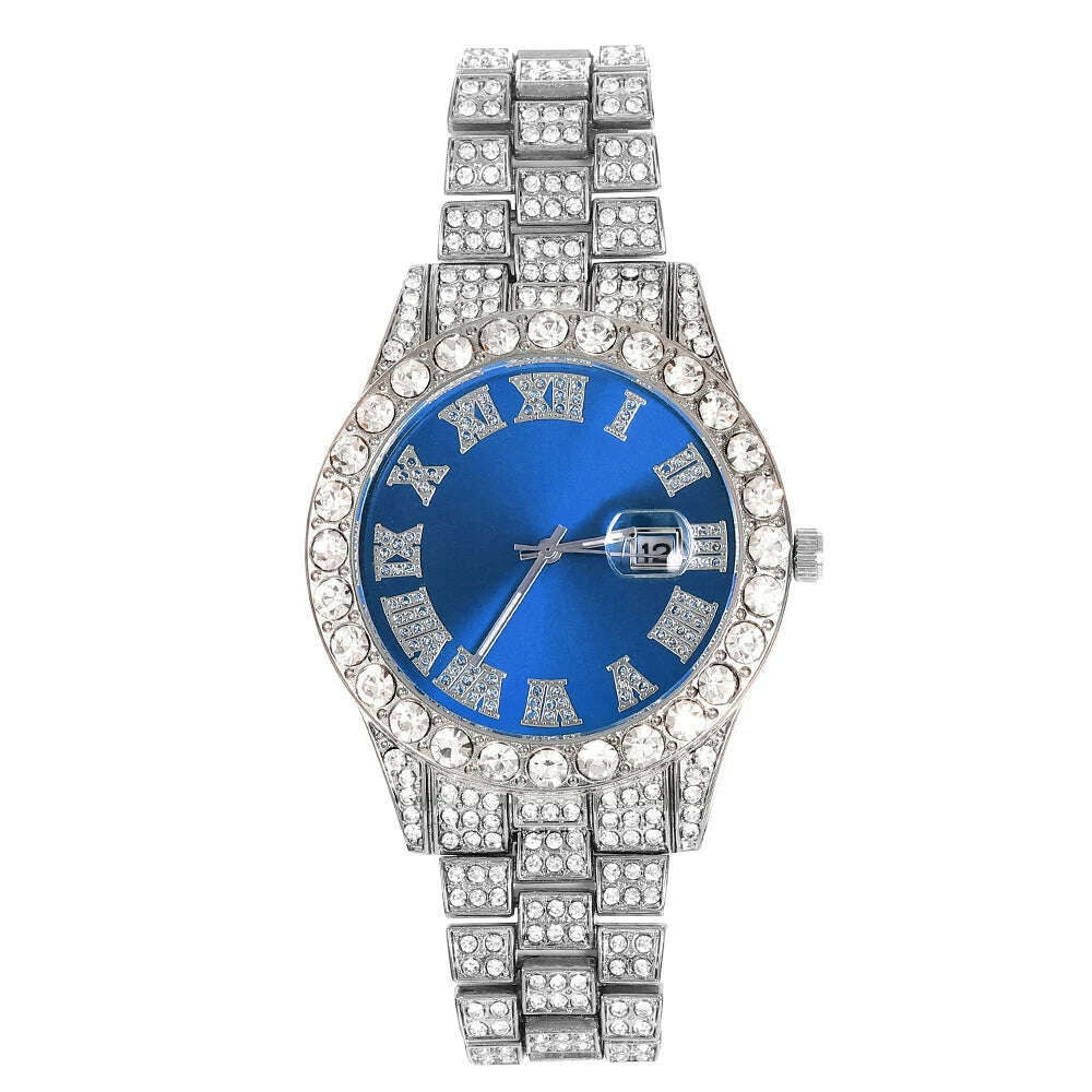 KIMLUD, New Punk Men Watch Iced Out Diamond Sparkling Quartz Watches Fashion Hip Hop Classic Silver Color Watch Jewelry Men Women Gift, Blue, KIMLUD APPAREL - Womens Clothes