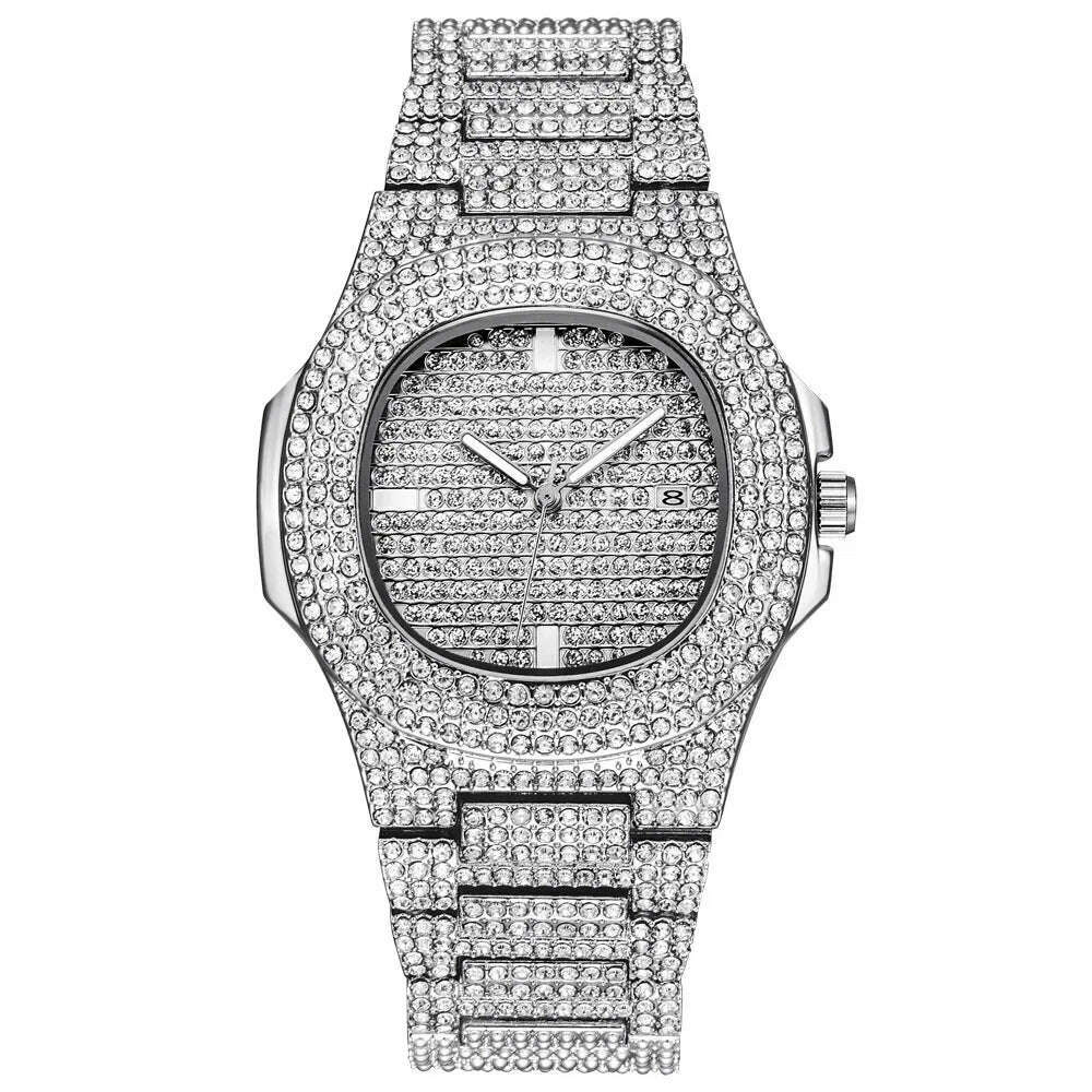 KIMLUD, New Punk Men Watch Iced Out Diamond Sparkling Quartz Watches Fashion Hip Hop Classic Silver Color Watch Jewelry Men Women Gift, KIMLUD Womens Clothes