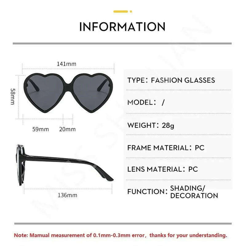 New Trendy Big Heart Shape Sunglasses Women Sexy Fashion Black Oversized Sun Glasses for Female Male Party Travel Shades Eyewear - KIMLUD