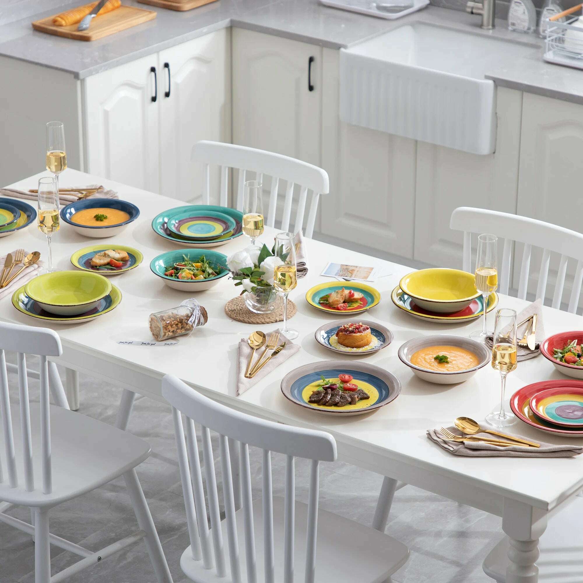 KIMLUD, New Vancasso Arco 18-Piece Ceramic Tableware Set Handpainted Spiral and Alternately Colourful Pattern Stoneware Dinner Set for 6, KIMLUD Womens Clothes