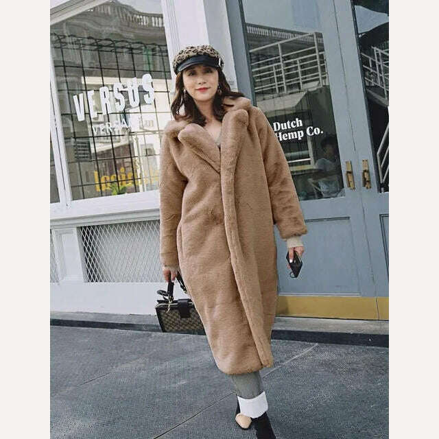 New Women Autumn Winter Furry Warm Fur Outerwear Fashion Loose Faux Fur Rabbit Long Jacket Casual Thickened Fur Coat - KIMLUD