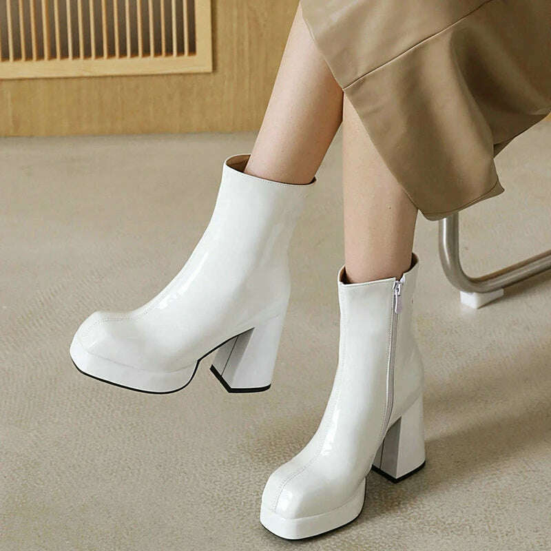 New Women Platform High Boots Patent Leather 9CM Square Toe Ankle Boots Autumn Winter Women's Shoes Street Series Women's Boots - KIMLUD