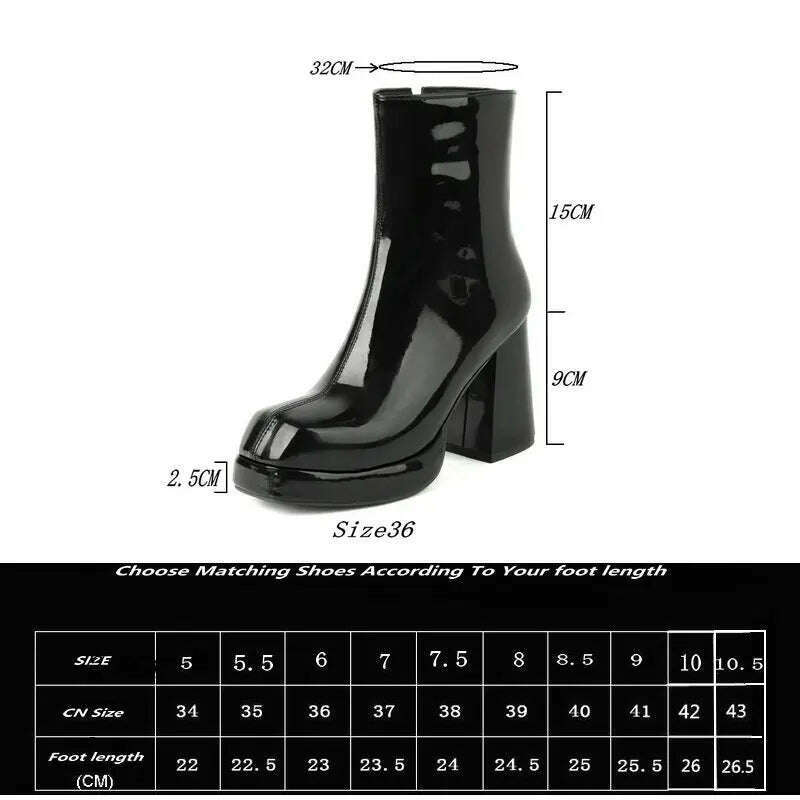 New Women Platform High Boots Patent Leather 9CM Square Toe Ankle Boots Autumn Winter Women's Shoes Street Series Women's Boots - KIMLUD