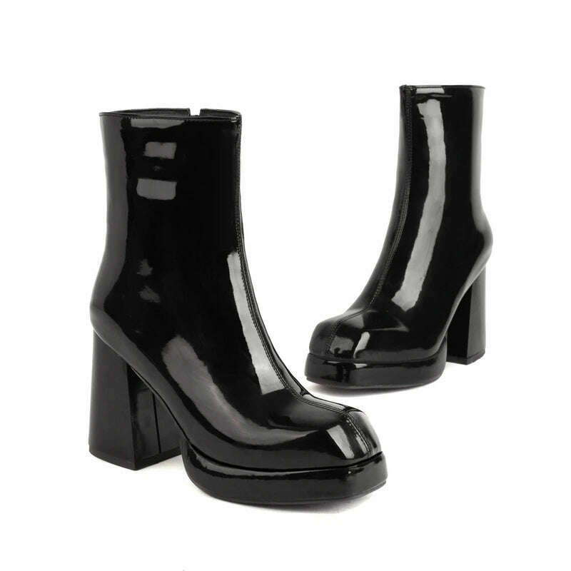 New Women Platform High Boots Patent Leather 9CM Square Toe Ankle Boots Autumn Winter Women's Shoes Street Series Women's Boots - KIMLUD