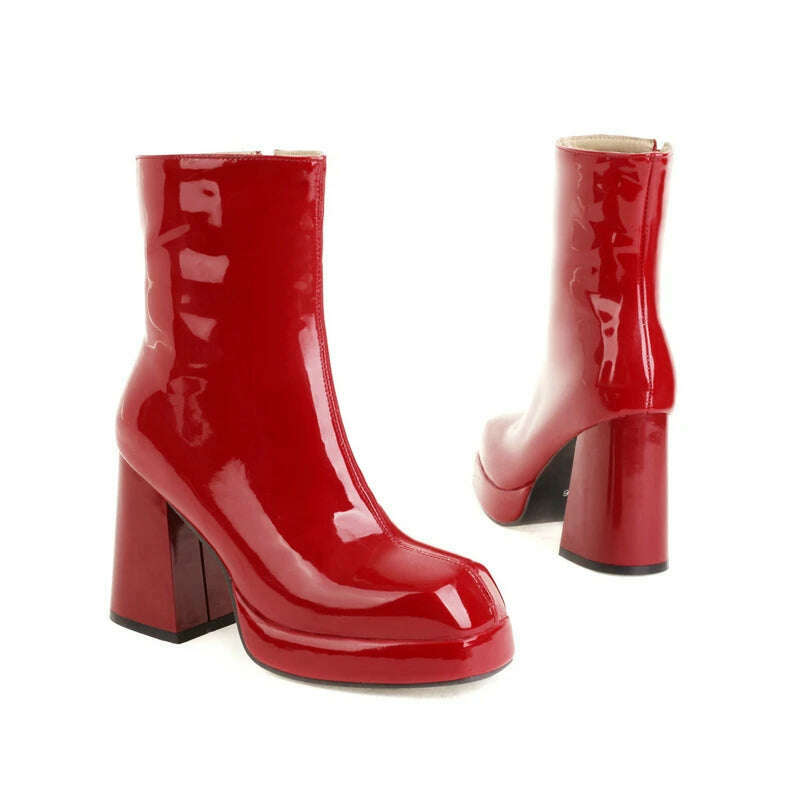 New Women Platform High Boots Patent Leather 9CM Square Toe Ankle Boots Autumn Winter Women's Shoes Street Series Women's Boots - KIMLUD