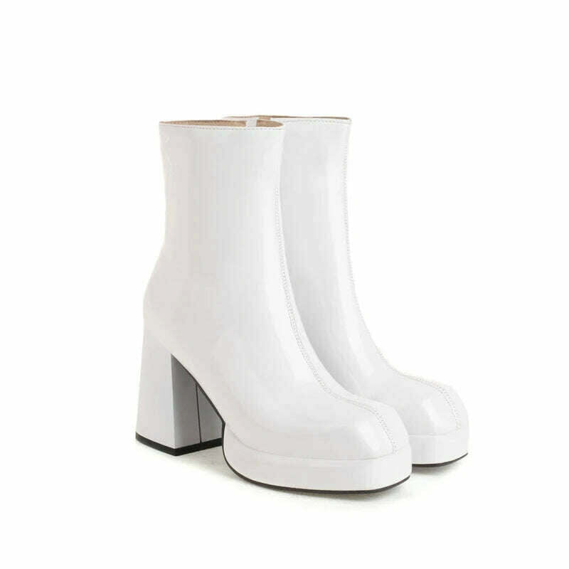 New Women Platform High Boots Patent Leather 9CM Square Toe Ankle Boots Autumn Winter Women's Shoes Street Series Women's Boots - KIMLUD