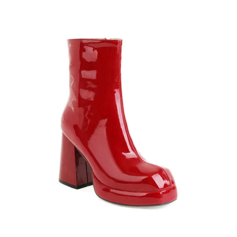 New Women Platform High Boots Patent Leather 9CM Square Toe Ankle Boots Autumn Winter Women's Shoes Street Series Women's Boots - KIMLUD