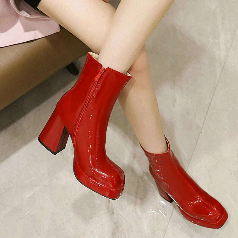 New Women Platform High Boots Patent Leather 9CM Square Toe Ankle Boots Autumn Winter Women's Shoes Street Series Women's Boots - KIMLUD