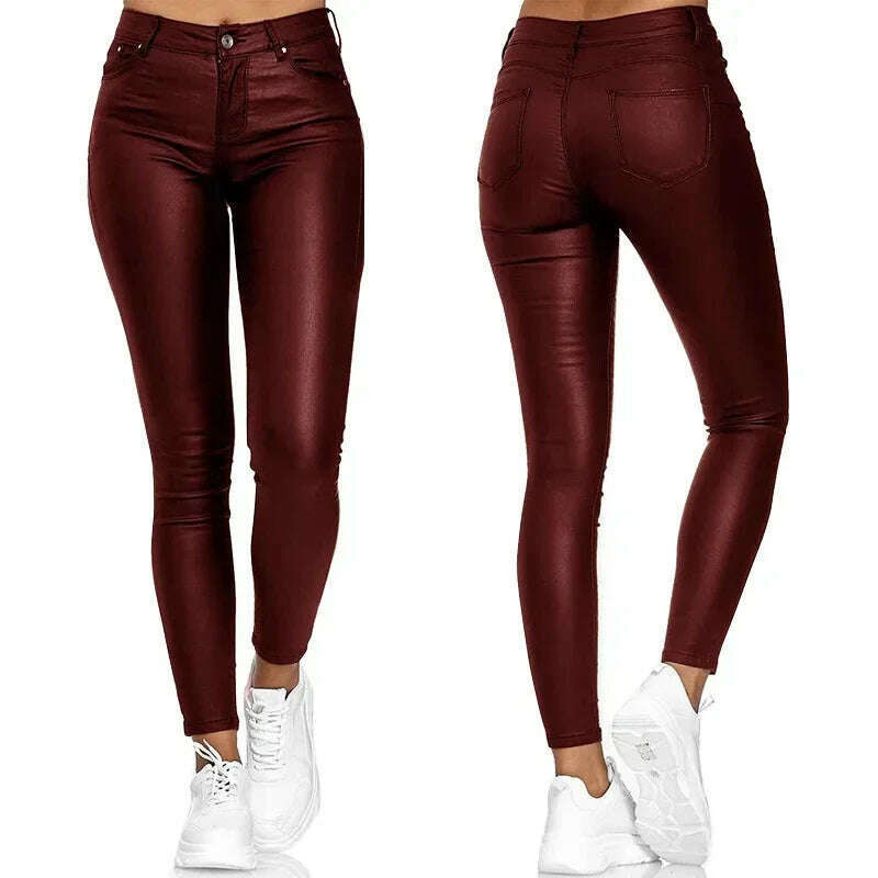 KIMLUD, New Women PU Leather Pants Black Sexy Stretch Bodycon Trousers Women High Waist Long Casual Pencil Pants Plus Size XS-4XL, Claret / XXL, KIMLUD APPAREL - Womens Clothes