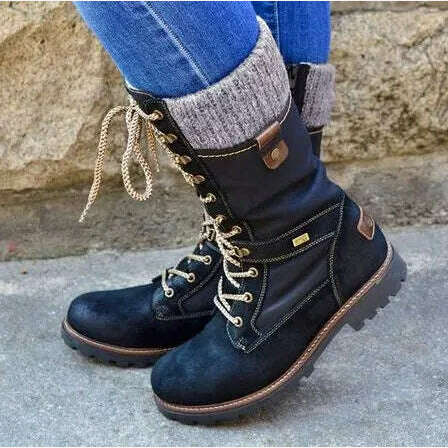 New Women's Boots Round Toe Low Heel Side Zip Mid Boots Vintage Platform Comfort Vulcanized Shoes Bota Longa Feminina - KIMLUD