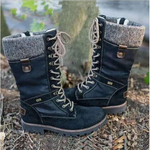 New Women's Boots Round Toe Low Heel Side Zip Mid Boots Vintage Platform Comfort Vulcanized Shoes Bota Longa Feminina - KIMLUD