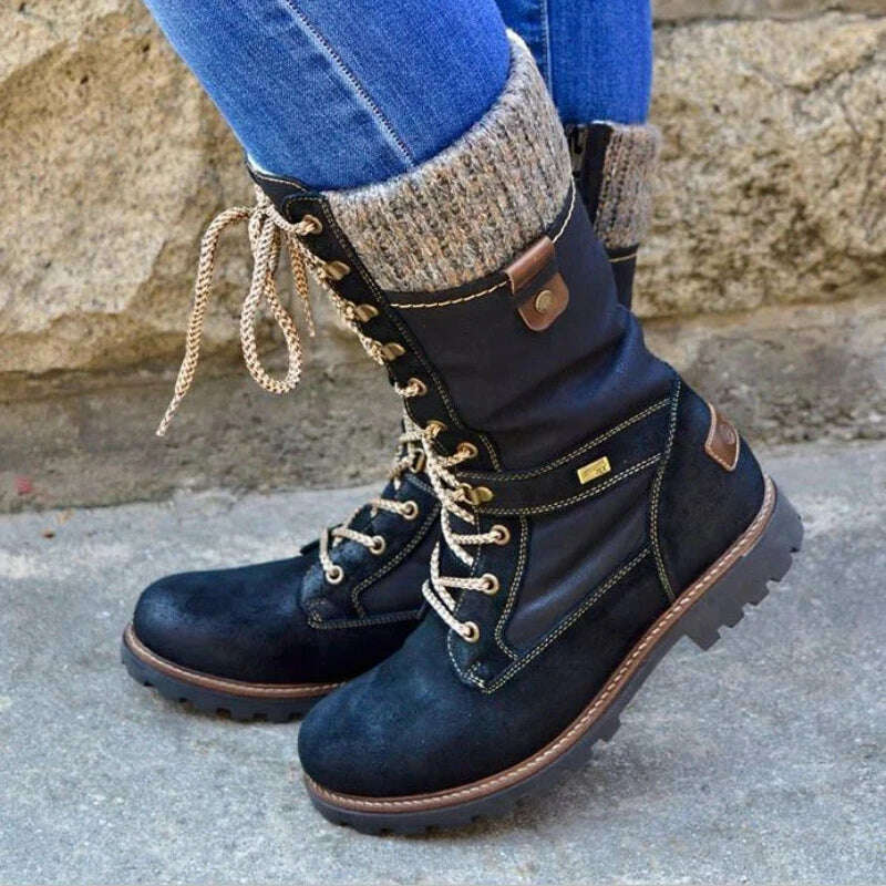 New Women's Boots Round Toe Low Heel Side Zip Mid Boots Vintage Platform Comfort Vulcanized Shoes Bota Longa Feminina - KIMLUD