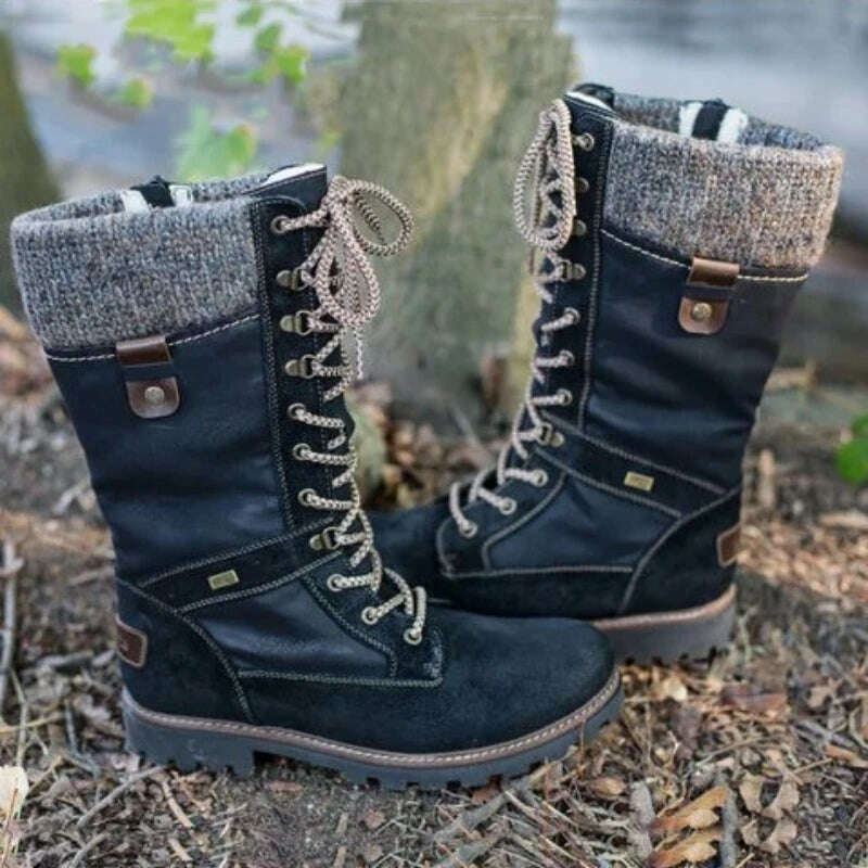 New Women's Boots Round Toe Low Heel Side Zip Mid Boots Vintage Platform Comfort Vulcanized Shoes Bota Longa Feminina - KIMLUD