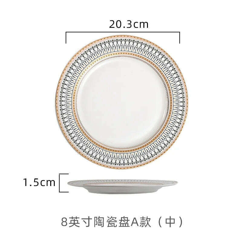 KIMLUD, Nordic Gold Edge Ceramic Tableware Dishes Plates Household Dishes Rice Bowls Soup Bowls Mugs Service Plate Dining Table Set, 8 inch-flat plate, KIMLUD Womens Clothes