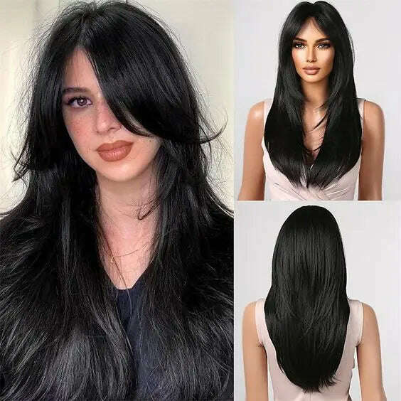 Ombre Red Black Cosplay Wigs for Women Long Straight Layered Synthetic Wigs With Bangs Lolita Party Heat Resistant Natural Hair - KIMLUD