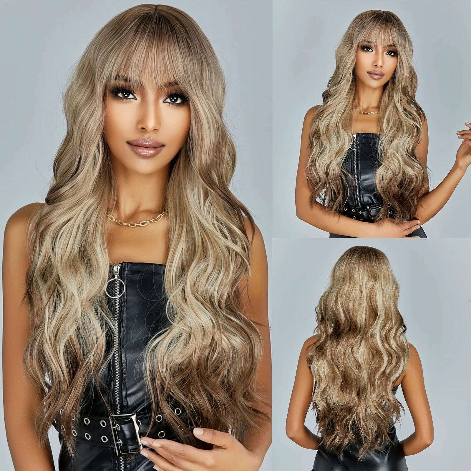 Ombre Red Brown Synthetic Wig with Bangs Long Wavy Copper Brown Women Wigs Natural Hair Cosplay Daily Use Wig Heat Resistant - KIMLUD
