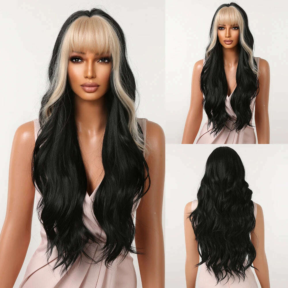 Ombre Red Brown Synthetic Wig with Bangs Long Wavy Copper Brown Women Wigs Natural Hair Cosplay Daily Use Wig Heat Resistant - KIMLUD