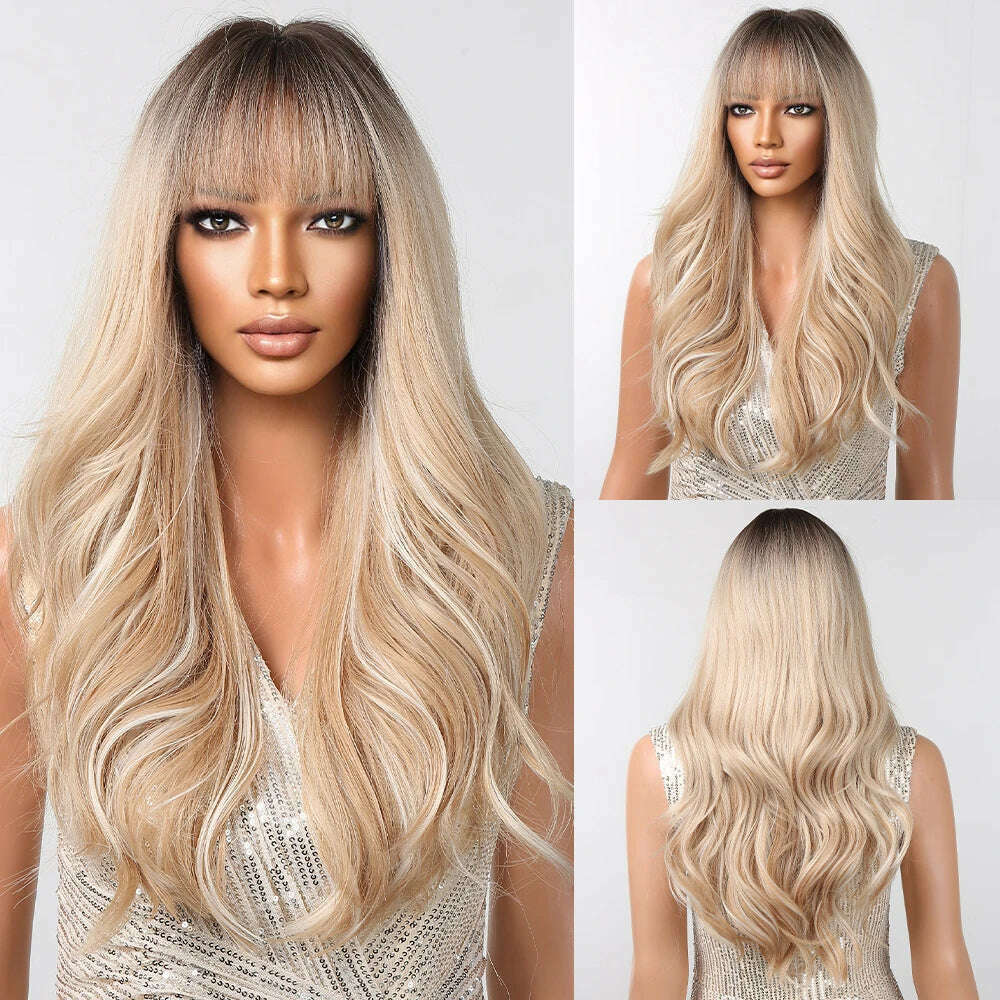 Ombre Red Brown Synthetic Wig with Bangs Long Wavy Copper Brown Women Wigs Natural Hair Cosplay Daily Use Wig Heat Resistant - KIMLUD