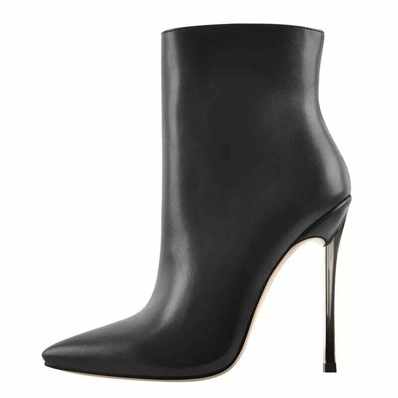 Onlymaker Ankel Boots Women's Poited Toe Metal Thin High Heel Side Zipper Fashion Black Red Winter Warm Booties - KIMLUD