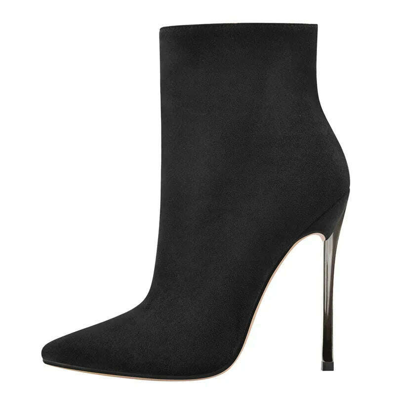 Onlymaker Ankel Boots Women's Poited Toe Metal Thin High Heel Side Zipper Fashion Black Red Winter Warm Booties - KIMLUD