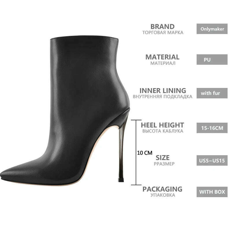 Onlymaker Ankel Boots Women's Poited Toe Metal Thin High Heel Side Zipper Fashion Black Red Winter Warm Booties - KIMLUD